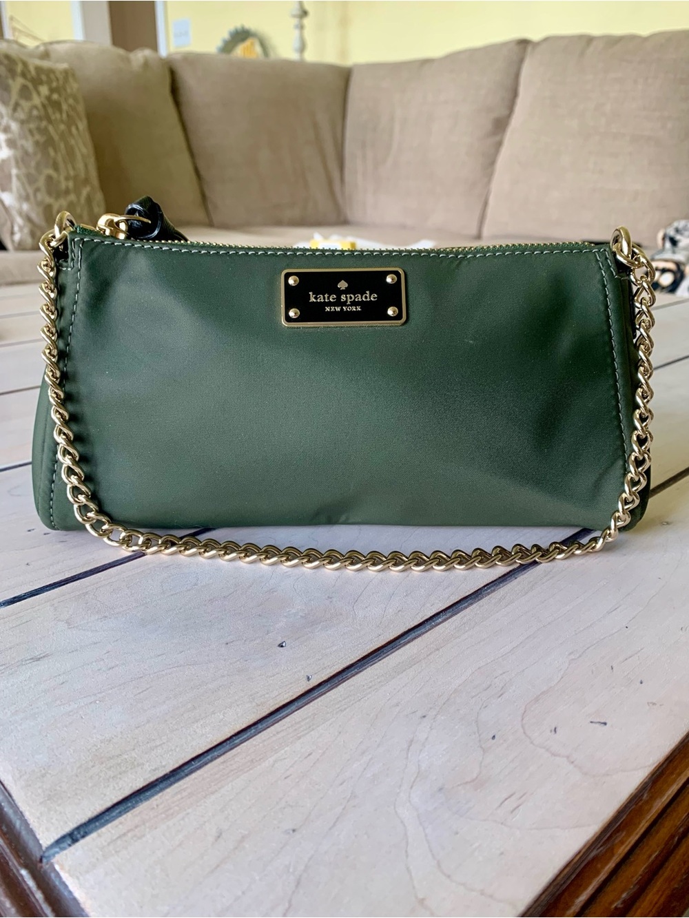 kate spade emerald green storybook nylon shoulder bag with gold chain